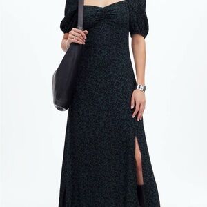 Madewell Black and Green Floral Puff-Sleeve Sweetheart Midi Dress